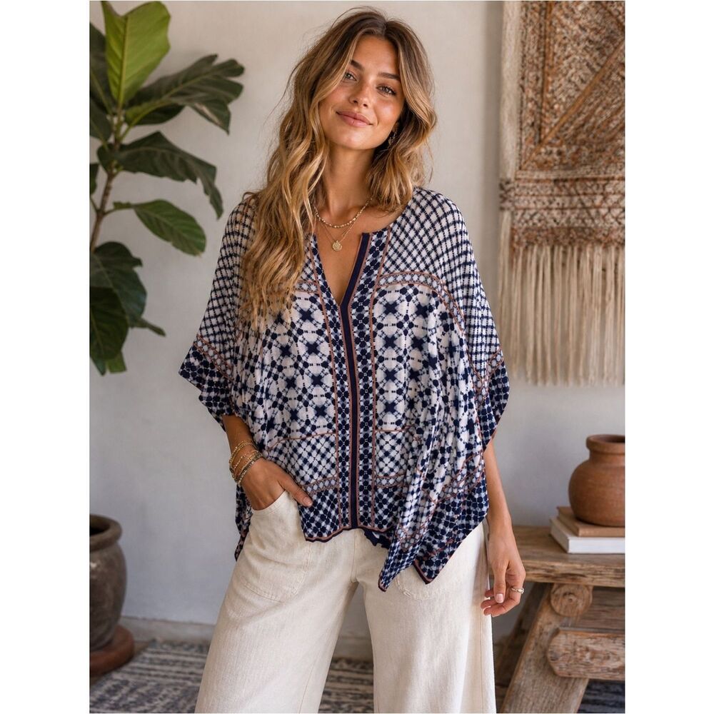 J. Jill Blue Printed Boho Chic V-Neck Poncho with Contrast Trim